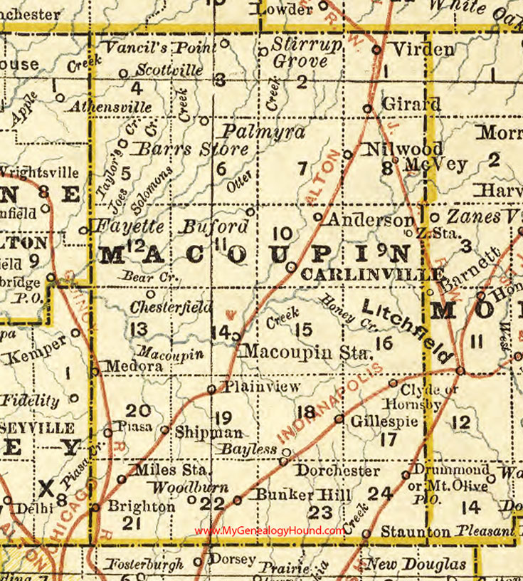 Macoupin County, Illinois 1881 Map, Carlinville, Gillespie, Mount Olive, Staunton, Girard, Virden, Bunker Hill, Brighton, Dorchester