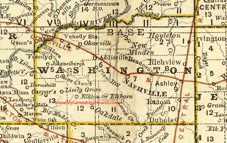 Washington County, Illinois 1881 Map, Nashville, Okawville, Addieville, Hoyleton, Elkton, Ashley, Beaucoup, Richview, Irvington