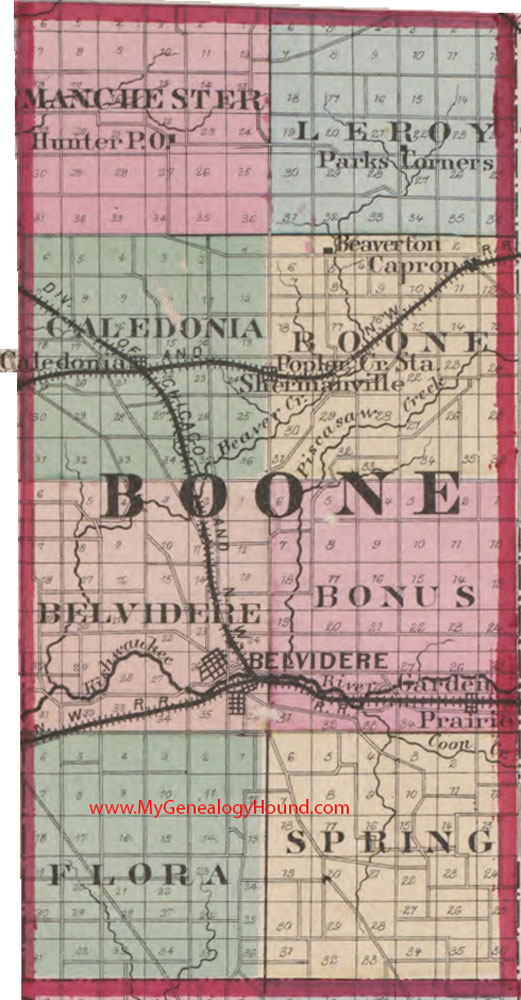 Boone County, Illinois 1870 Map Belvidere, Caledonia, Hunter, Parks Corners, Beaverton, Capron, Shermanville, Poplar Creek Station, Garden Prairie, IL