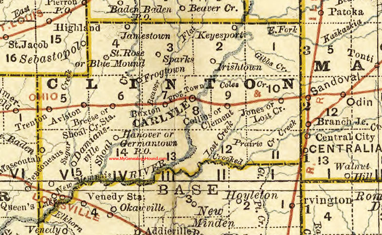 Clinton County, Illinois 1881 Map, Carlyle, Breese, Trenton, Germantown, Aviston, Frog Town, Hanover