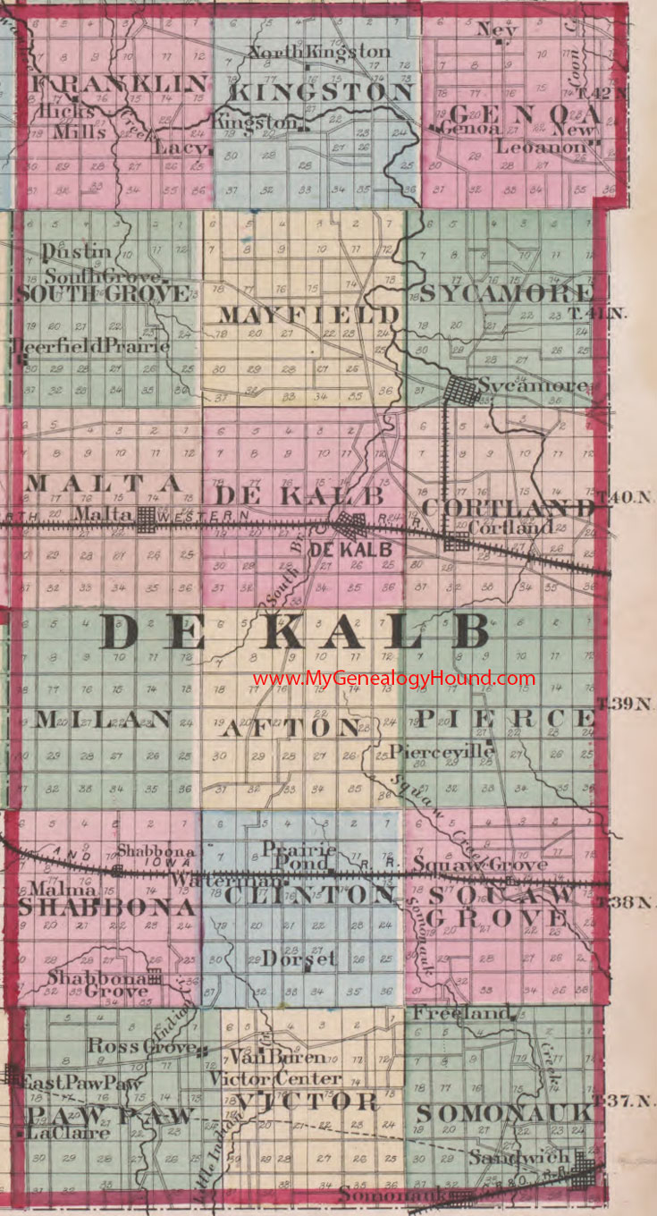 DeKalb County, Illinois 1870 Map Sycamore, Sandwich, Genoa, Kingston, Malta, Cortland, Shabbona, Somonauk, Dorset, IL