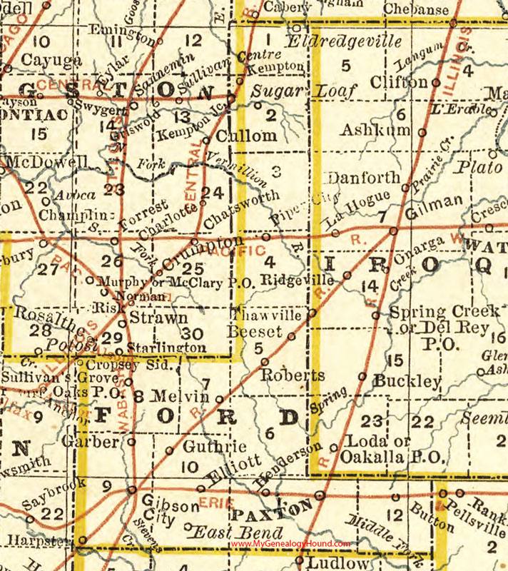Ford County, Illinois 1881 Map, Paxton, Gibson City, Piper City, Melvin, Elliott, Garber, Guthrie, Harpster