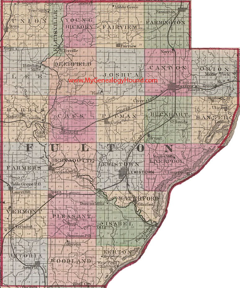 Fulton County, Illinois 1870 Map Lewistown, Canton, Farmington, Cuba, Table Grove, Ipava, Vermont, Astoria, Summum, IL