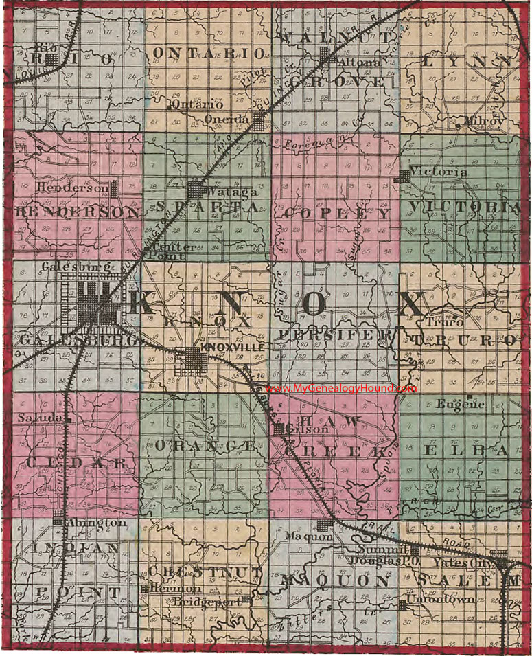Knox County, Illinois 1870 Map Galesburg, Knoxville, Wataga, Oneida, Altona, Abingdon, Yates City, Victoria, Maquon, IL