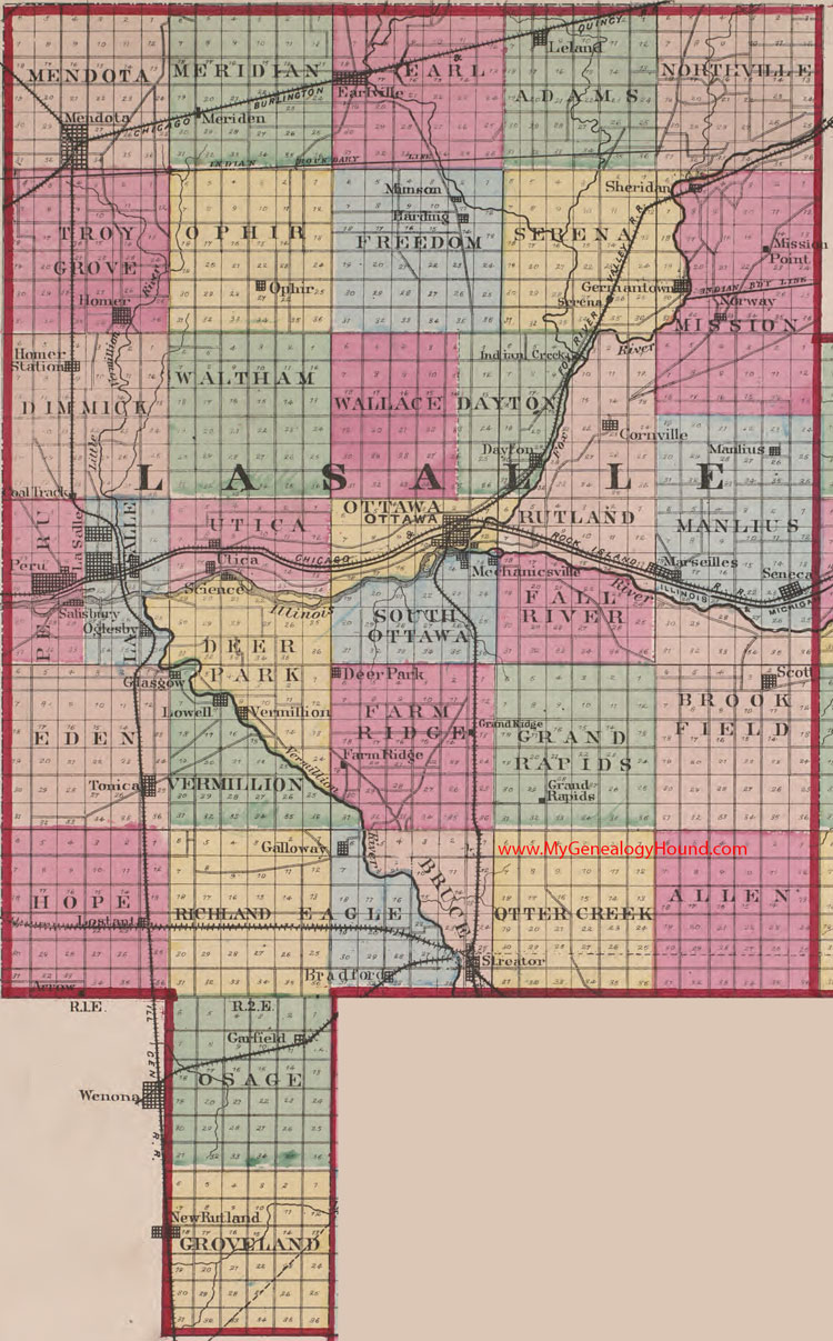 LaSalle County, Illinois 1870 Map Ottawa, Streator, Marseilles, Peru, Seneca, Oglesby, Mendota, Earlville, Sheridan, Leland, IL