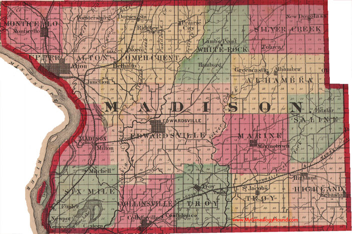 Madison County, Illinois 1870 Map Edwardsville, Alton, Monticello, Collinsville, Troy, Marinetown, Sebastopol, Highland, IL