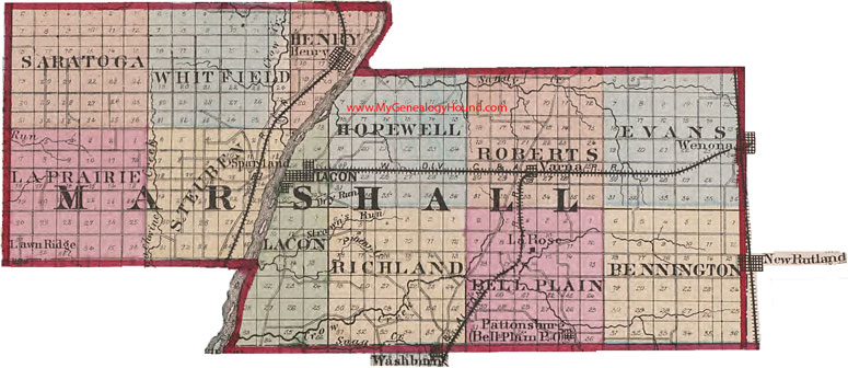 Marshall County, Illinois 1870 Map Lacon, Henry, Varna, Pattonsburg, Bell Plain, Wenona, La Rose, Lawn Ridge, Sparland, IL