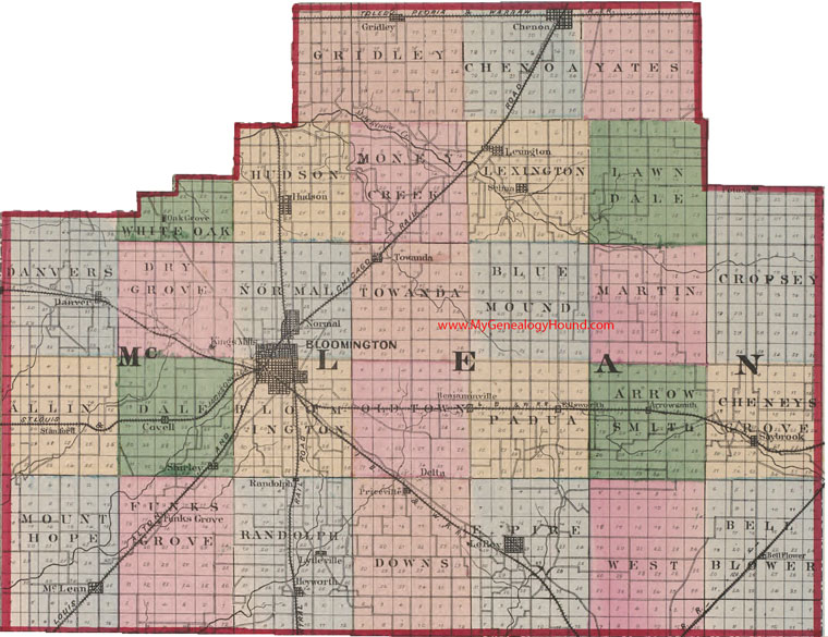 McLean County, Illinois 1870 Map Bloomington, Normal, LeRoy, Chenon, Hudson, Saybrook, Lexington, Selma, IL