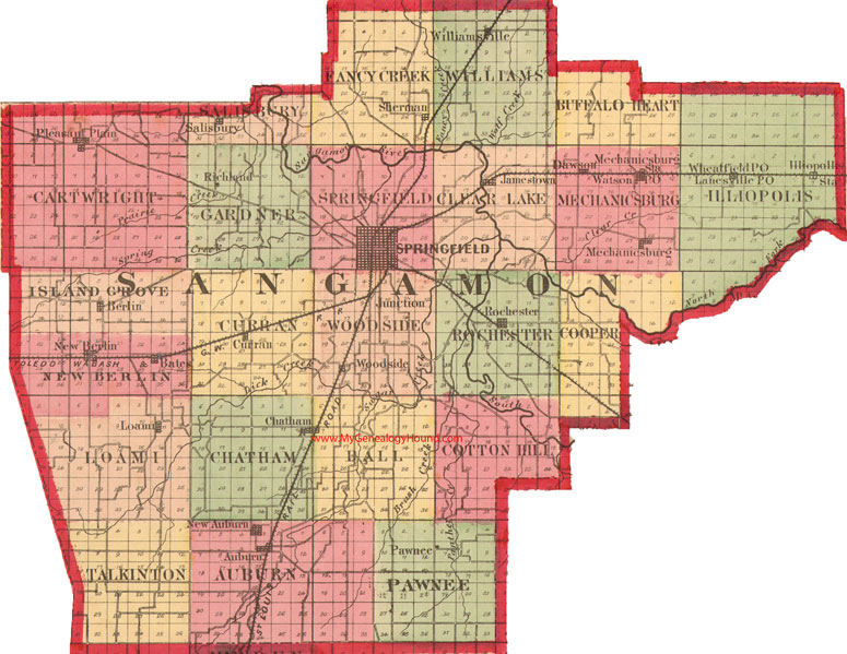 Sangamon County Illinois 1870 Map Springfield, New Berlin, Chatham, Auburn, Pawnee, Loami, Pleasant Plain, Sherman, Williamsville, IL