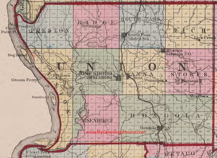 Union County, Illinois 1870 Map Anna, Jonesboro, South Pass, Western Saratoga, Dongola, Mt. Pleasant, Moscow, IL