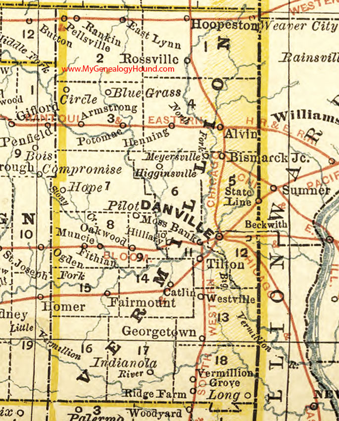 Vermilion County, Illinois 1881 Map, Danville, Vermillion, Georgetown, Catlin, Westville, Hoopeston, Rossville, Potomac, Fithian, Tilton, Indianola, Ridge Farm