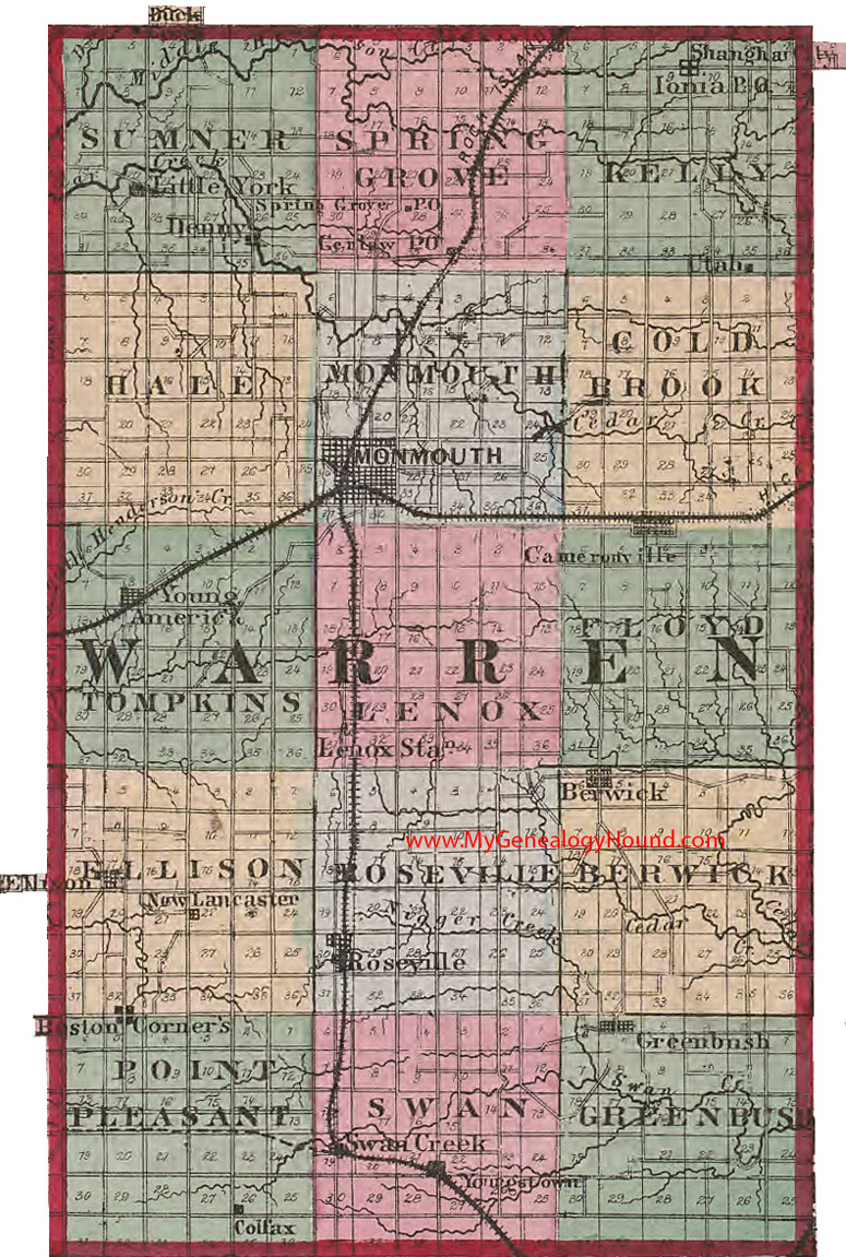 Warren County, Illinois 1870 Map Monmouth, Cameronville, Berwick, Roseville, Young America, Greenbush, Youngstown, Ellison, Shanghai City, IL