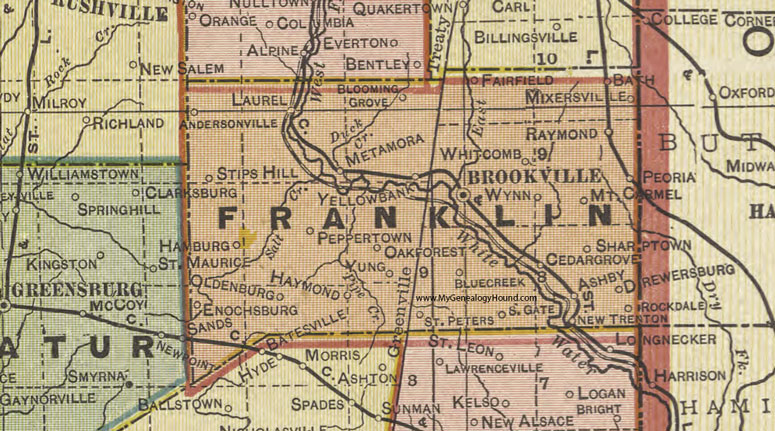 Franklin County, Indiana, 1908 Map, Brookville, Laurel, Oldenburg, Mixerville, Bath, Raymond, Sharptown, Rockdale, Cedar Grove, Peppertown, Wynn, Yung