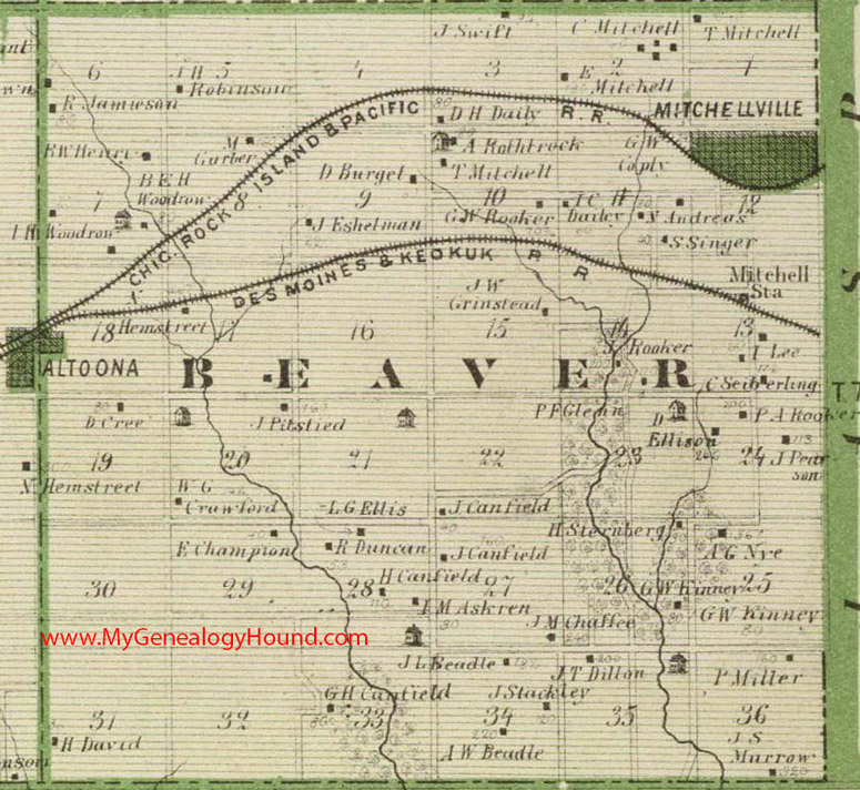 Beaver Township, Polk County, Iowa, 1875, Map, Altoona (partial), Mitchellville, IA