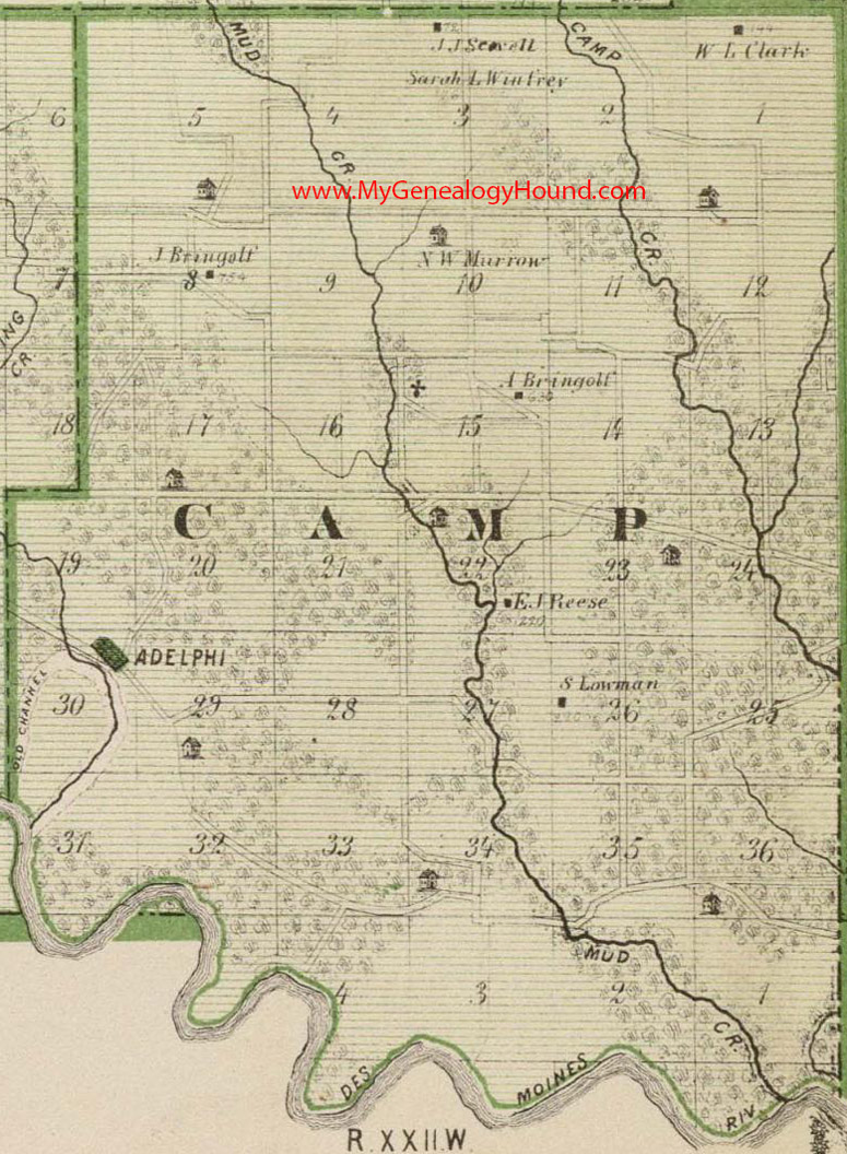 Camp Township, Polk County, Iowa, 1875, Map, Adelphi, IA
