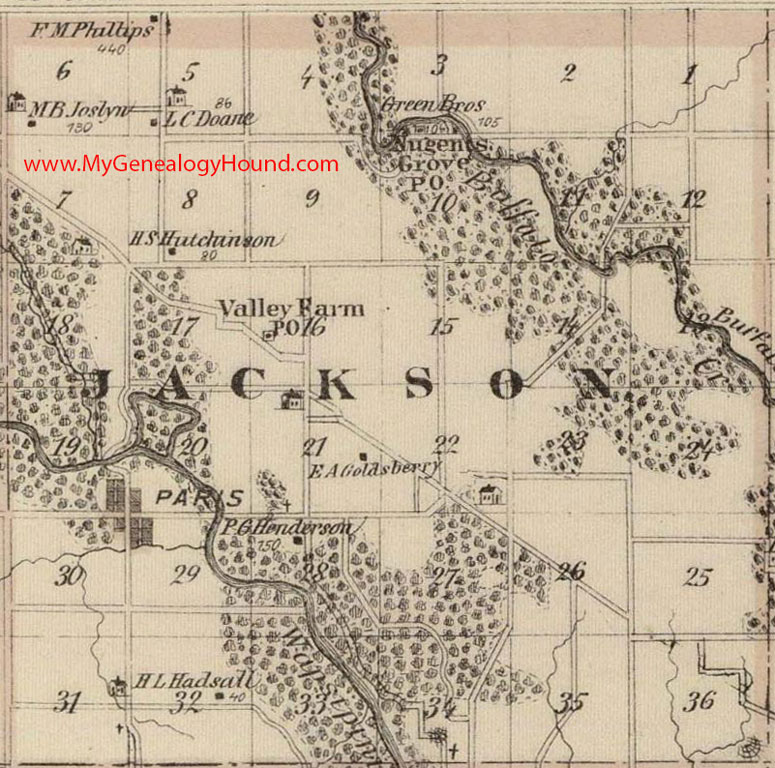 Jackson Township, Linn County, Iowa, 1875, Map, Nugents Grove, Paris, Valley Farm, IA