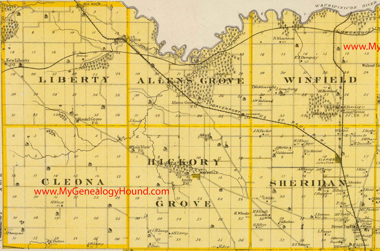 NW, Scott County, Iowa, 1875, Map, Allens Grove Township, Cleona Township, Hickory Grove Township, Liberty Township, Sheridan Township, Winfield Township, IA