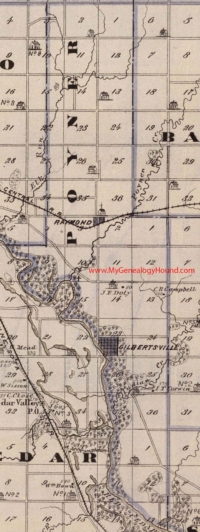 Poyner Township, Black Hawk County, Iowa, 1875, Map, Gilbertsville, Raymond, IA