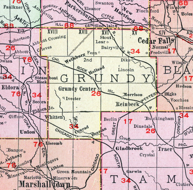 Grundy County, Iowa, 1911, Map, Grundy Center, Reinbeck, Wellsburg, Holland, Stout, Dike, Morrison, Conrad, Beaman, Ivester, Dairyville, Lear, Dike, Lincoln, Fredsville, Fern