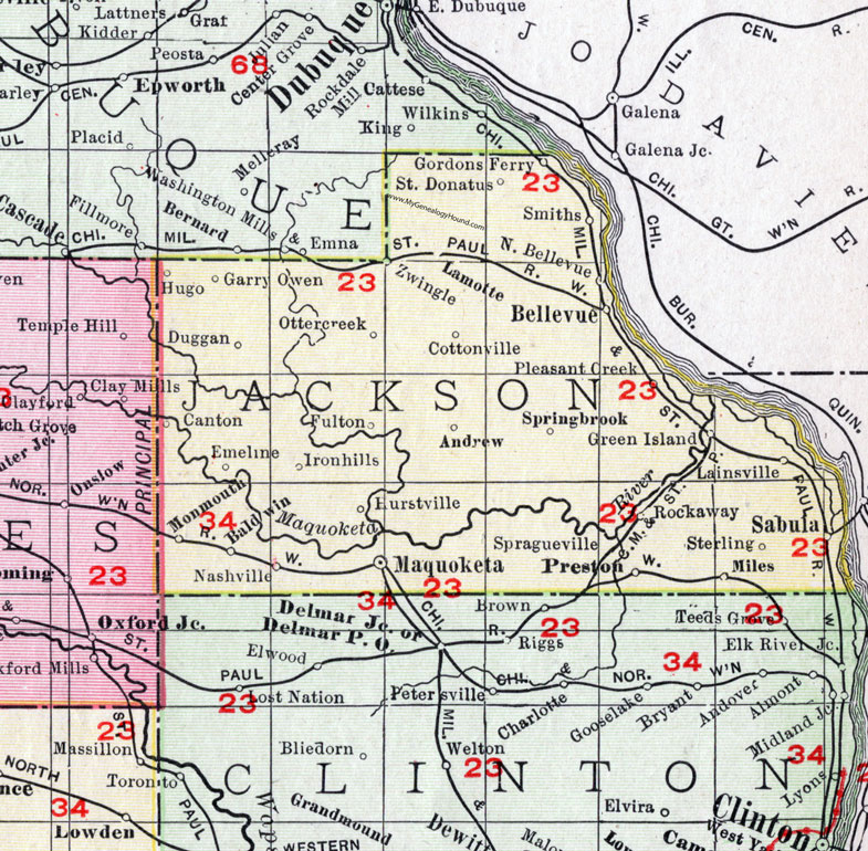 Jackson County, Iowa, 1911, Map, Maquoketa, Bellevue, Sabula, Preston, Miles, Spragueville, Baldwin, Canton, Andrew, Springbrook, Monmouth, Zwingle, Duggan, St. Donatus, Rockaway, Sterling, Lamotte, Miles, Hugo, Gordons Ferry