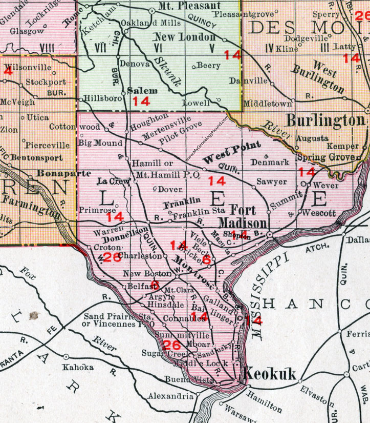 Lee County, Iowa, 1911, Map, Fort Madison, Keokuk, Montrose, West Point, Denmark, Franklin, Donnellson, Houghton, Sawyer, Wescott, Viele, Hamill, Mertensville, Croton, Charleston, Belfast, Hinsdale, Dover, Mooar, Argyle, Ballinger, Buena Vista