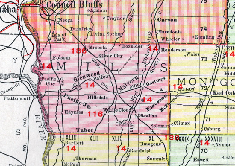 Mills County, Iowa, 1911, Map, Glenwood, Malvern, Emerson, Pacific Junction, Mineola, Silver City, Henderson, Hastings, Folsom, Strahan, Solomon, White Cloud, Balfour, Pacific City, Hillsdale, Haynies, Boxelder