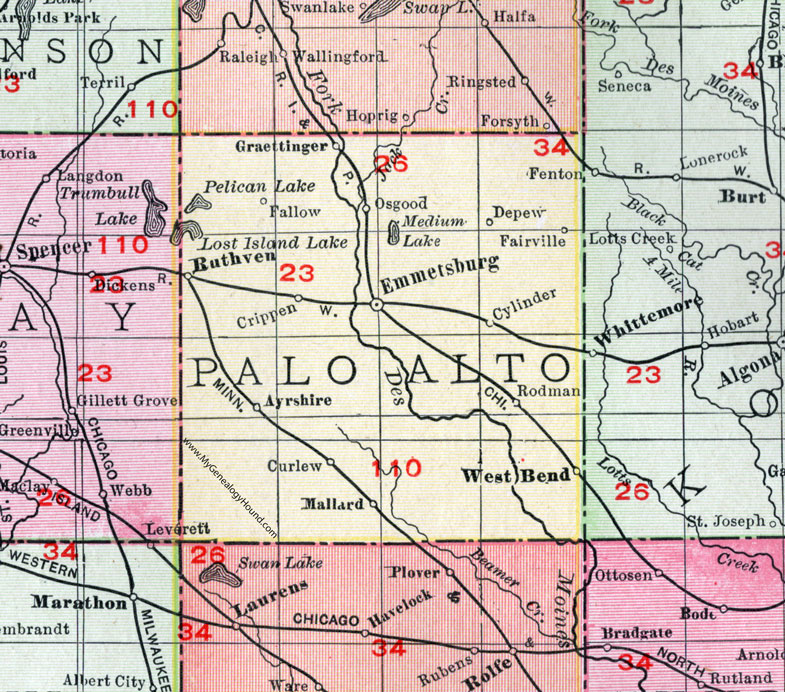 Palo Alto County Iowa 1911 Map Emmetsburg Ruthven