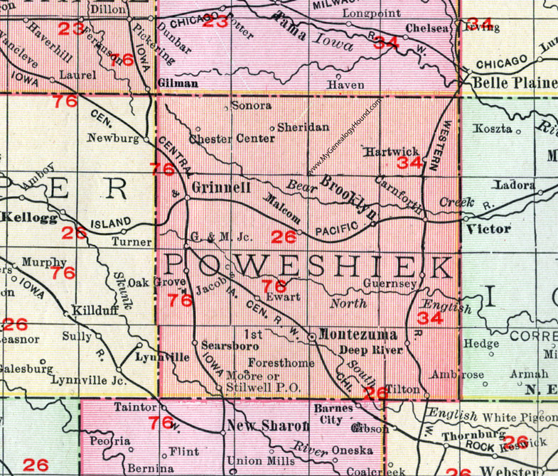 Poweshiek County, Iowa, 1911, Map, Grinnell, Montezuma, Brooklyn, Malcom, Hartwick, Deep River, Guernsey, Searsboro, Carnforth, Sheridan, Sonora, Chester Center, Ewart, Jacobs, Oak Grove, Tilton, Stilwell, Forest Home