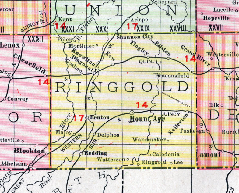 Ringgold County, Iowa, 1911, Map, Mount Ayr, Kellerton, Diagonal, Tingley, Ellston, Beaconsfield, Redding, Delphos, Maloy, Polen, Mortimer, Goshen, Kew, Wanamaker, Caledonia, Ringgold City, Watterson, Benton, Lee