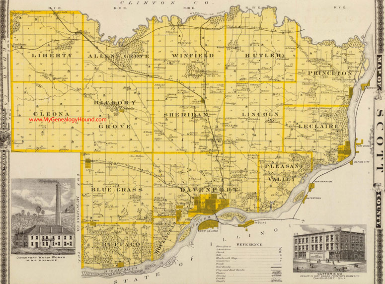 Scott County, Iowa, 1875, Map, Davenport, Eldridge, Walcott, Le Claire, Long Grove, Princeton, New Liberty, Dixon, IA