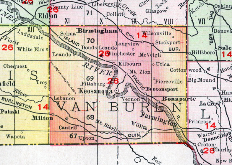 Van Buren County, Iowa, 1911, Map, Keosauqua, Milton, Farmington, Birmingham, Bonaparte, Mt. Sterling, Cantril, Stockport, Selma, McVeigh, Winchester, Willits, Lebanon, Pittsburg, Pierceville, Douds, Leando, Kilbourn, Vernon