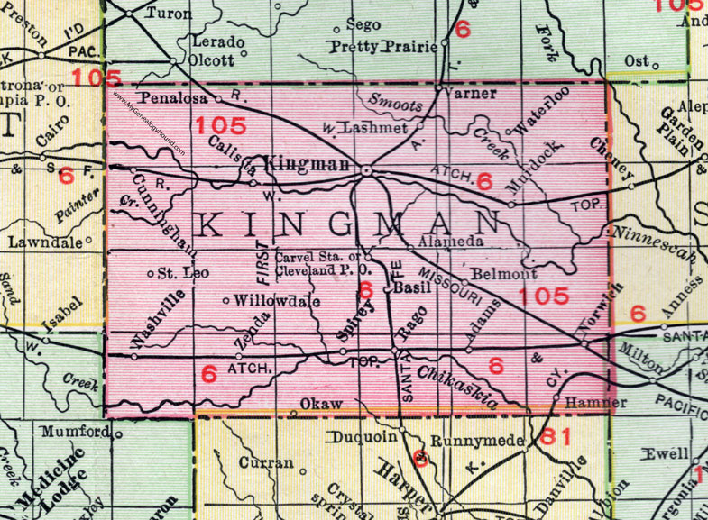 Kingman County, Kansas, 1911, Map, Kingman City, Norwich, Nashville, Murdock, Zenda, Spivey, Rago, Cleveland, Willowdale, St. Leo, Penalosa, Cunningham, Calista, Lashmet, Varner, Alameda