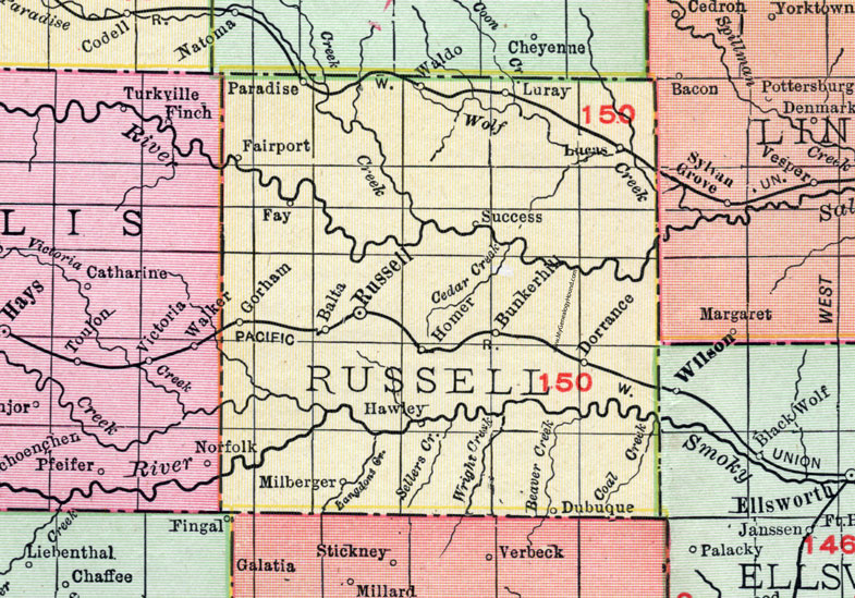 Russell County, Kansas, 1911, Map, Russell City, Gorham, Luray, Bunker Hill, Paradise, Waldo, Fairport, Lucas, Dorrance, Balta, Homer, Milberger, Dubuque, Fay, Success