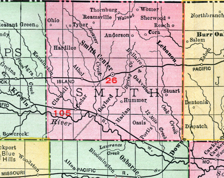 Smith County, Kansas, 1911, Map, Smith Center, Kensington, Lebanon, Anderson, Athol, Bellaire, Cedar, Claudell, Cora, Dispatch, Gaylord, Hardilee, Harlan, Hummer, Oakvale, Oasis, Ohio, Reach, Reamsville, Sherwood, Stuart, Thornburg, Tyner, Womer