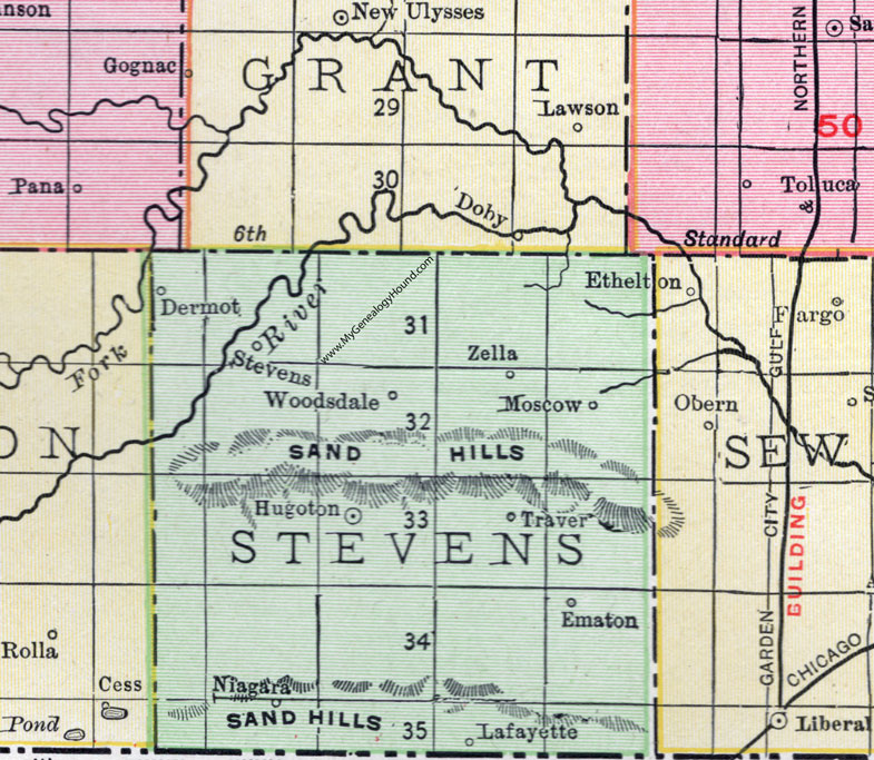 Stevens County, Kansas, 1911, Map, Hugoton, Moscow, Dermot, Zella, Stevens, Woodsdale, Traver, Ematon, Niagara, Lafayette