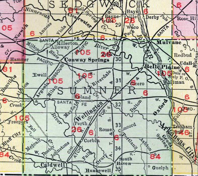 Sumner County, Kansas, 1911, Map, Wellington, Mulvane, Belle Plaine, Oxford, Conway Springs, Caldwell, Riverdale, Cicero, Argonia, Milan, Mayfield, Geuda Springs, Ashton, Portland, Corbin, Perth, Hunnewell, Dalton, South Haven, Metcalf, Doster, Guelph