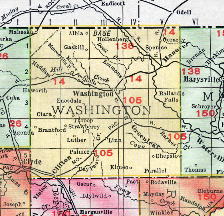 Washington County, Kansas, 1911, Map, City of Washington, Hanover, Clifton, Mahaska, Hollenberg, Haddam, Morrowville, Greenleaf, Barnes, Linn, Albia, Gaskill, Gerardy, Spence, Emmons, Ballards Falls, Enosdale, Throop, Strawberry, Brantford, Palmer, Chepstow, Kimeo