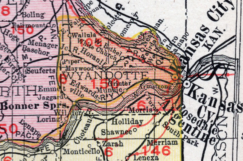 Wyandotte County, Kansas, 1911, Map, Kansas City, Bonner Springs, Argentine, Rosedale, Edwardsville, White Church, Muncie, Piper, Maywood, Wolcott, Horanif, Grinter, Armstrong, Quindaro, Welborn, Morris, Turner