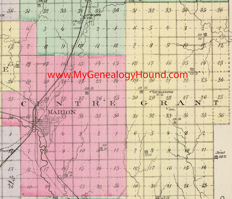 East Central Marion County, Kansas 1887 Map Centre Township, Grant Township, Youngstown, Marion, KS