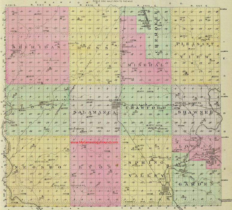 Cherokee County Kansas 1887 Map Columbus, Galena, Baxter Springs, Hallowell, Weir City, Empire City, Crestline, Lowell, Scammon, Scammonville, KS
