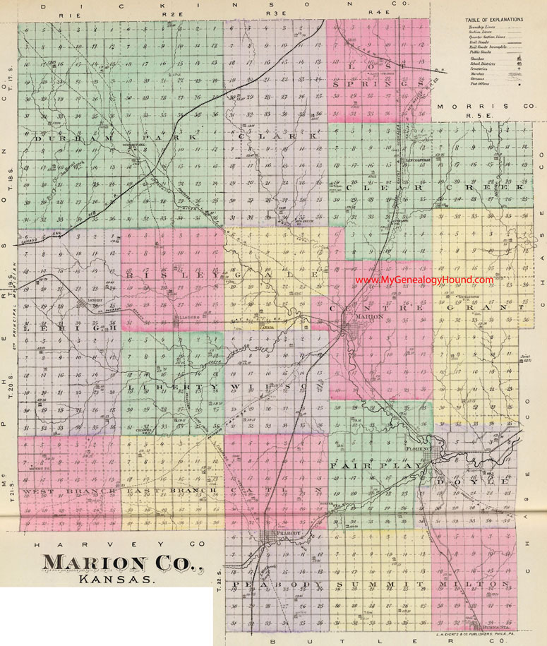 Marion County, Kansas 1887 Map Hillsboro, Florence, Lehigh, Peabody, Burn's Station, Lost Springs, Lincolnville, Antelope, Menno, Youngstown, KS