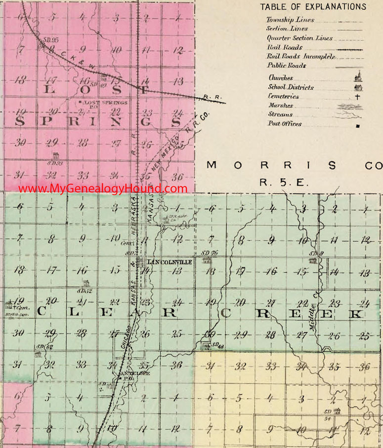 NE Marion County Kansas 1887 Map Lost Springs Township, Clear Creek Township, Lincolnville, Antelope, KS