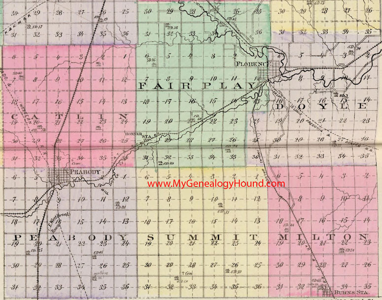 SE Marion County, Kansas 1887 Map Catlin Township, Fairplay Township, Doyle Township, Peabody Township, Summit Township, Milton Township, KS