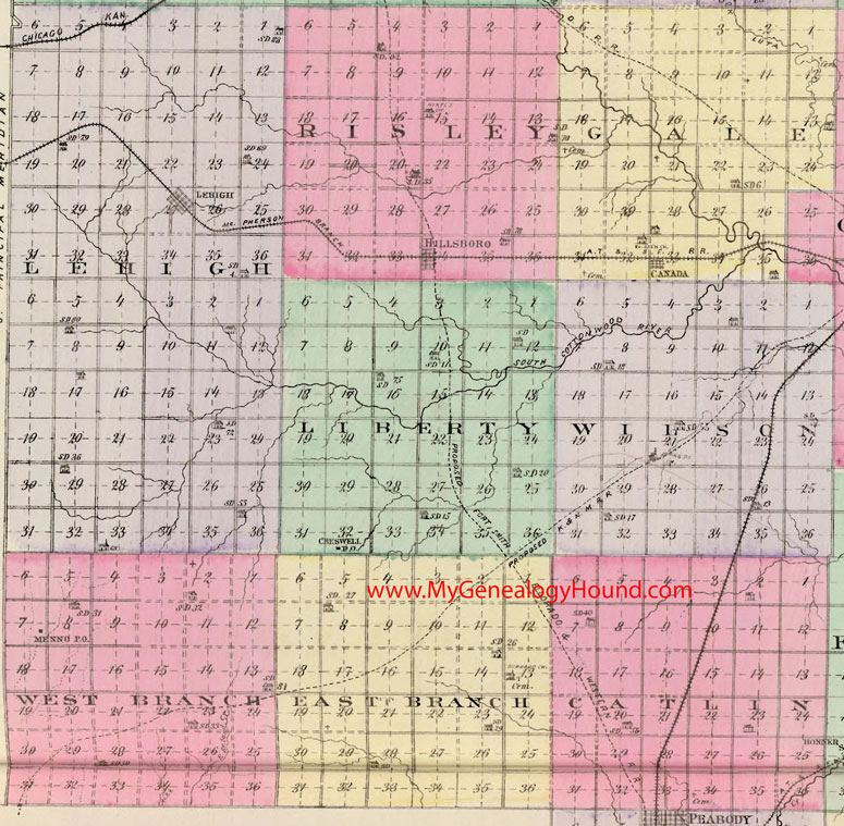 SW Marion County, Kansas 1887 Map Lehigh Township, Risley Township, Gale Township, Liberty Township, Wilson Township, West Branch Township, East Branch Township, KS