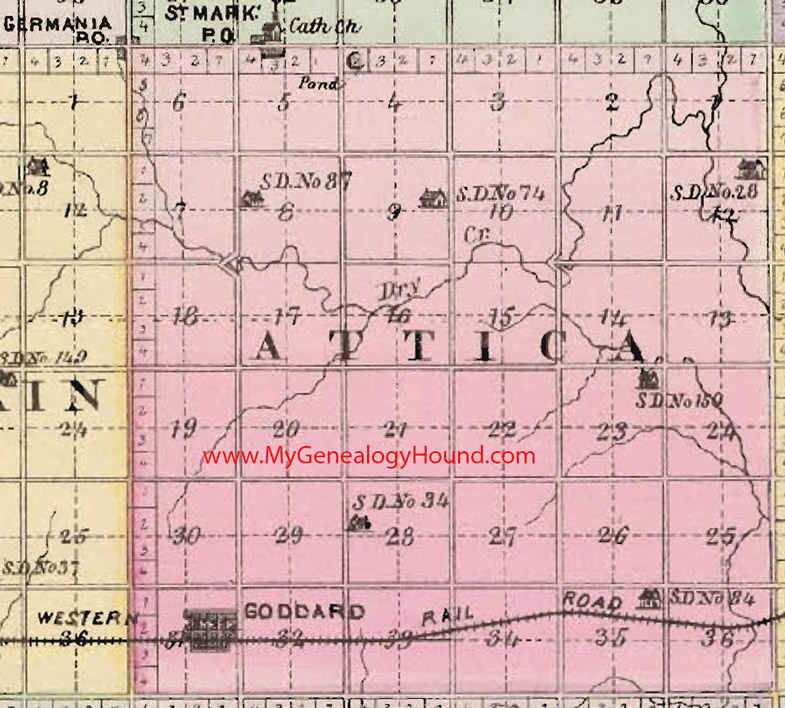 Attica Township, Sedgwick County, Kansas 1887 Map Goddard, KS