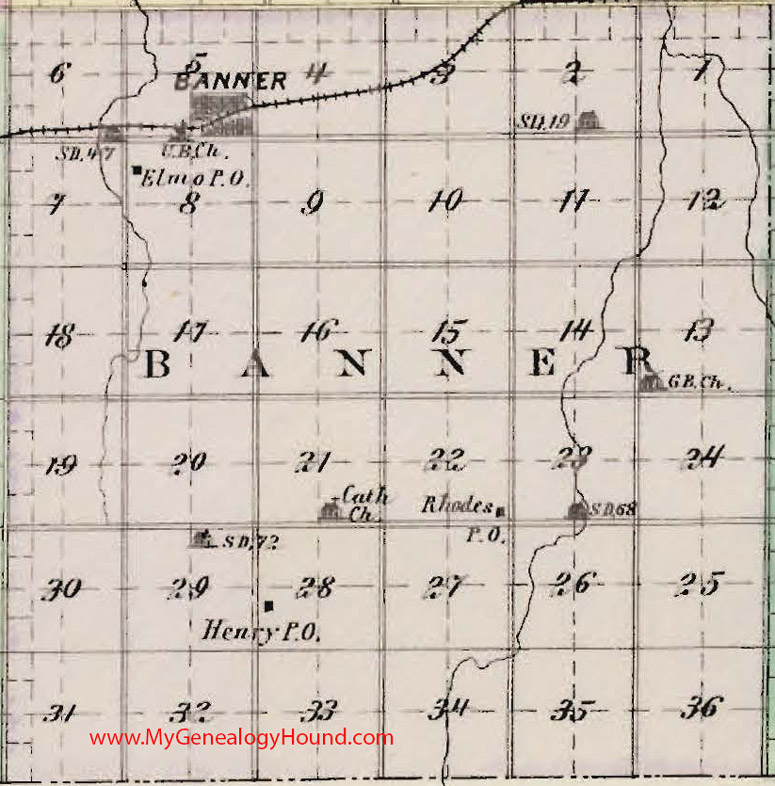 Banner Township, Dickinson County, Kansas 1887 Map Elmo, Henry, Rhodes, KS