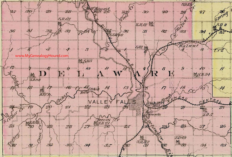 Delaware Township, Jefferson County, Kansas 1887 Map Valley Falls, KS
