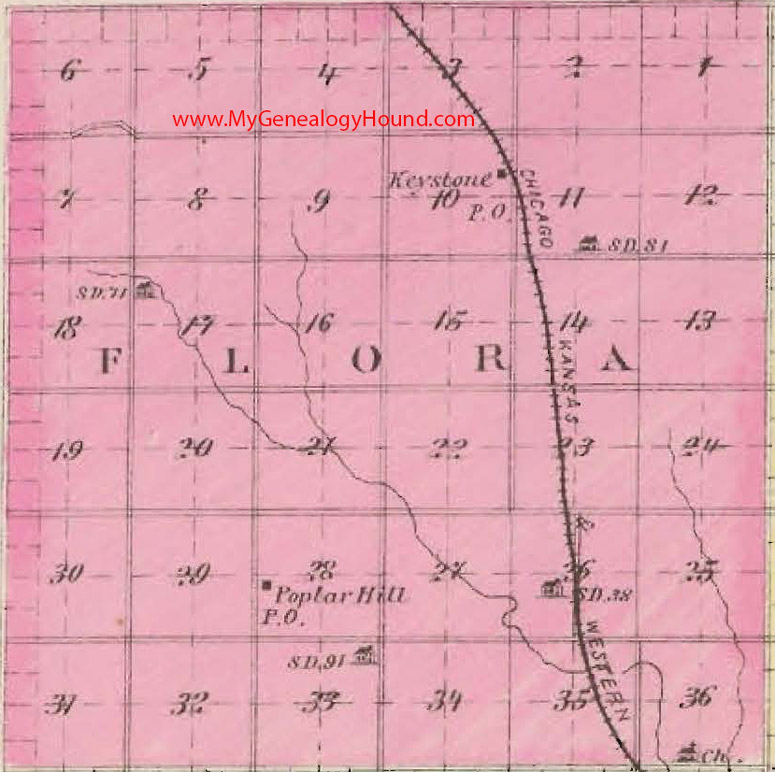Flora Township, Dickinson County, Kansas 1887 Map Keystone, Poplar Hill, KS