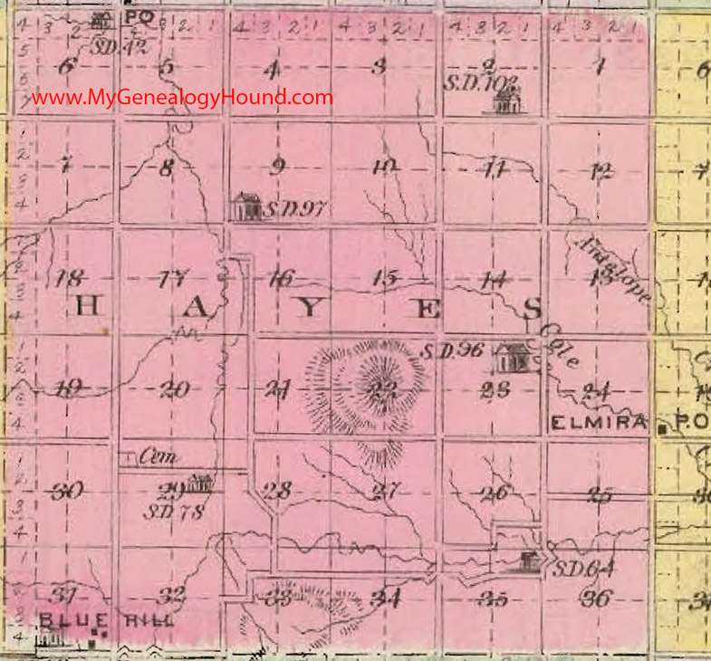 Hayes Township, Mitchell County, Kansas 1887 Map Blue Hill, KS