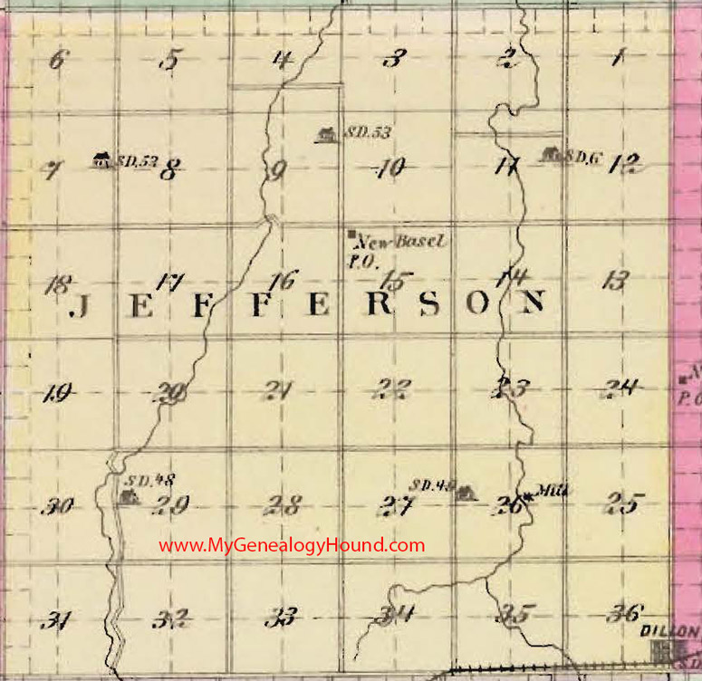 Jefferson Township, Dickinson County, Kansas 1887 Map Dillon, New Basel, KS